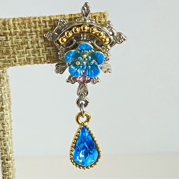 Vintage 1928 Blue Floral Drop Earrings Pink Accent Teardrop Crystal 2" - Picture 7 of 9